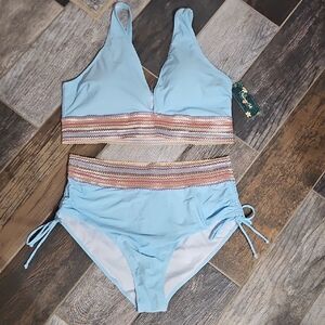 Light Blue Bikini Set with Striped Waistband